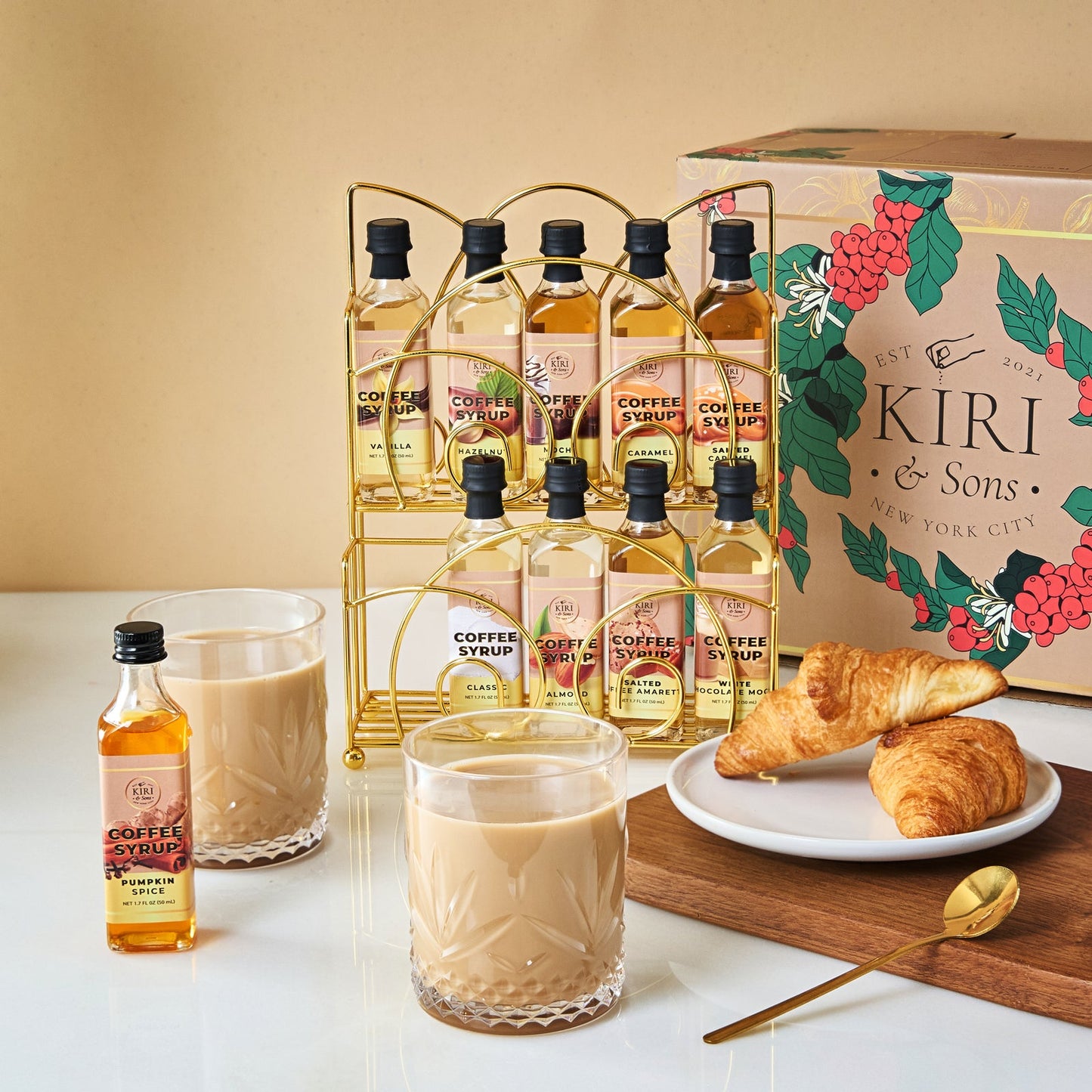 Gourmet Coffee Syrup Rack Gift Set, Includes Display Rack - Flavored Coffees Sweetener, 10 50mL Coffee Syrups, Includes Classic Mocha Vanilla Salted Caramel Flavoring Chai Latte, Protein Shake Flavors