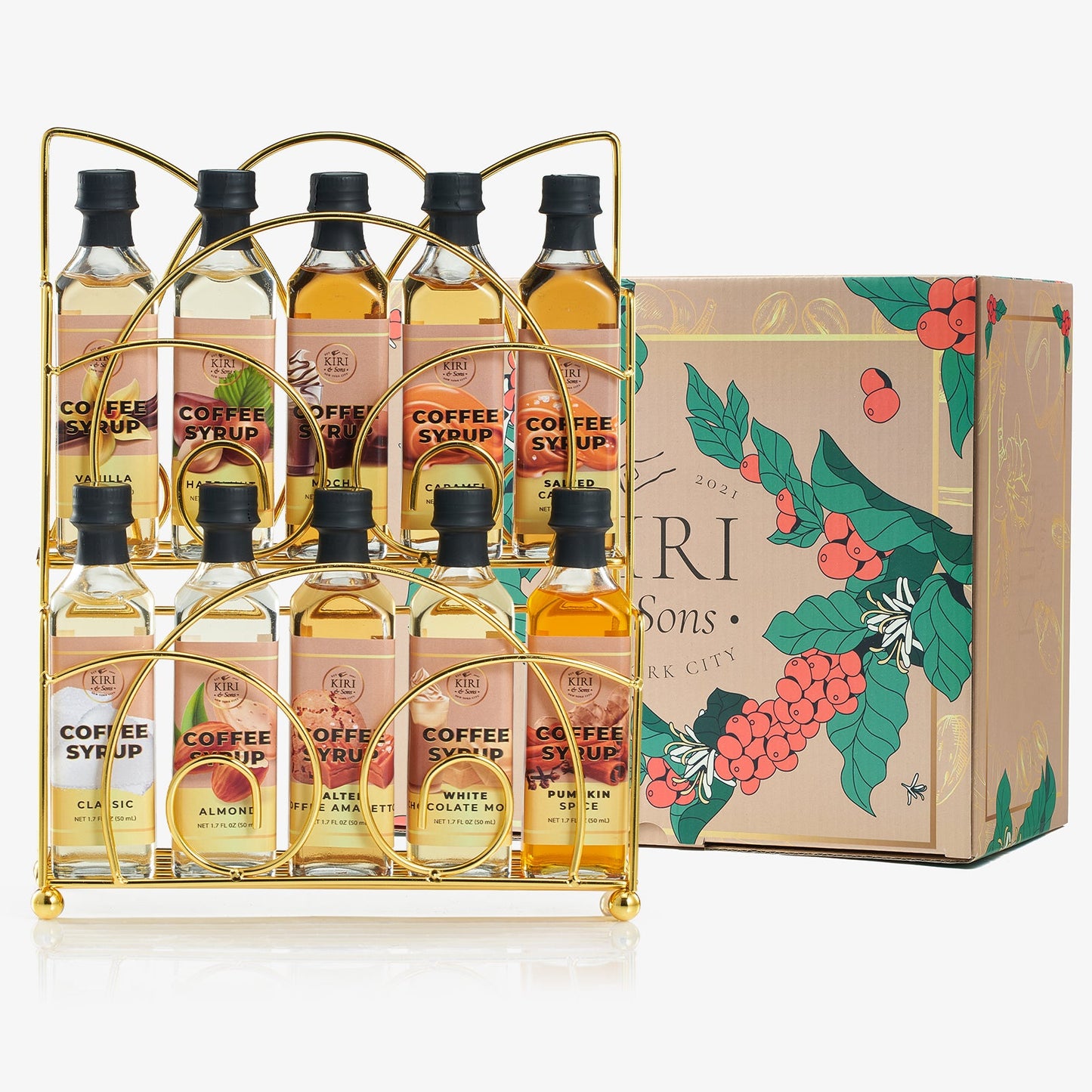 Gourmet Coffee Syrup Rack Gift Set, Includes Display Rack - Flavored Coffees Sweetener, 10 50mL Coffee Syrups, Includes Classic Mocha Vanilla Salted Caramel Flavoring Chai Latte, Protein Shake Flavors
