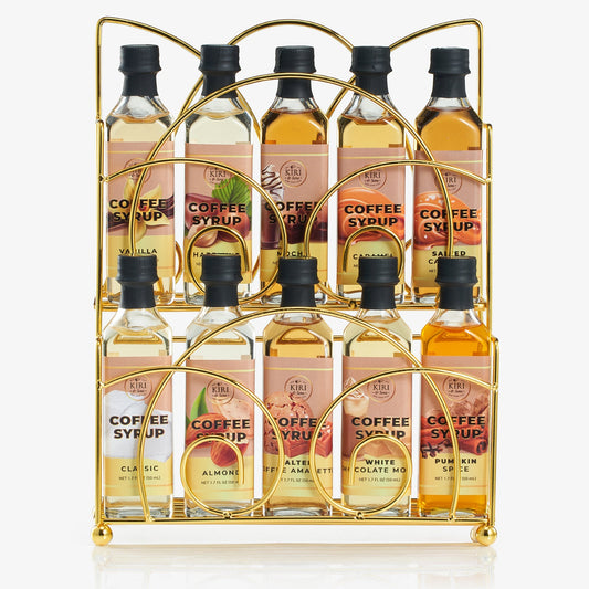 Gourmet Coffee Syrup Rack Gift Set, Includes Display Rack - Flavored Coffees Sweetener, 10 50mL Coffee Syrups, Includes Classic Mocha Vanilla Salted Caramel Flavoring Chai Latte, Protein Shake Flavors