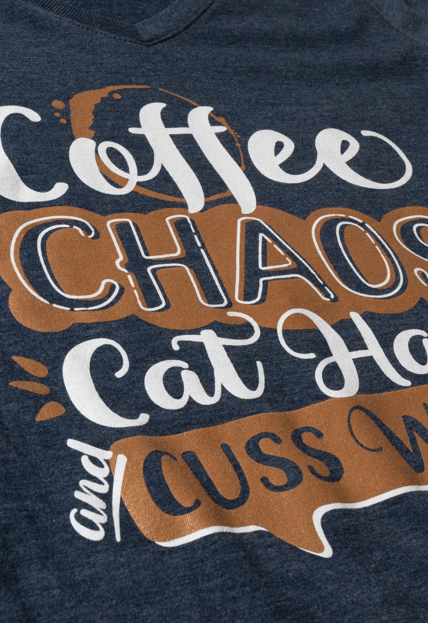 Coffee, Chaos, Cat Hair, Cusswords | Funny Animal Lover V-neck T-shirt for Women