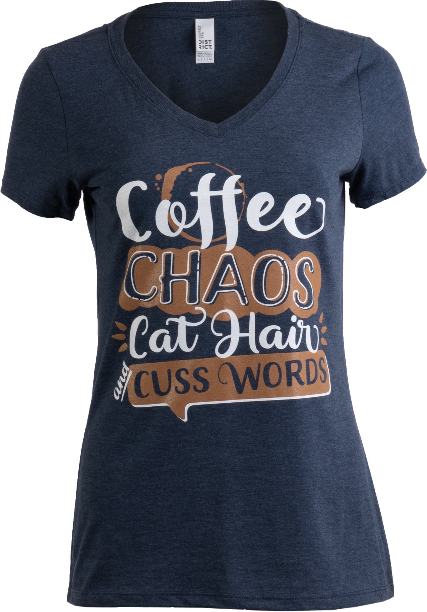 Coffee, Chaos, Cat Hair, Cusswords | Funny Animal Lover V-neck T-shirt for Women