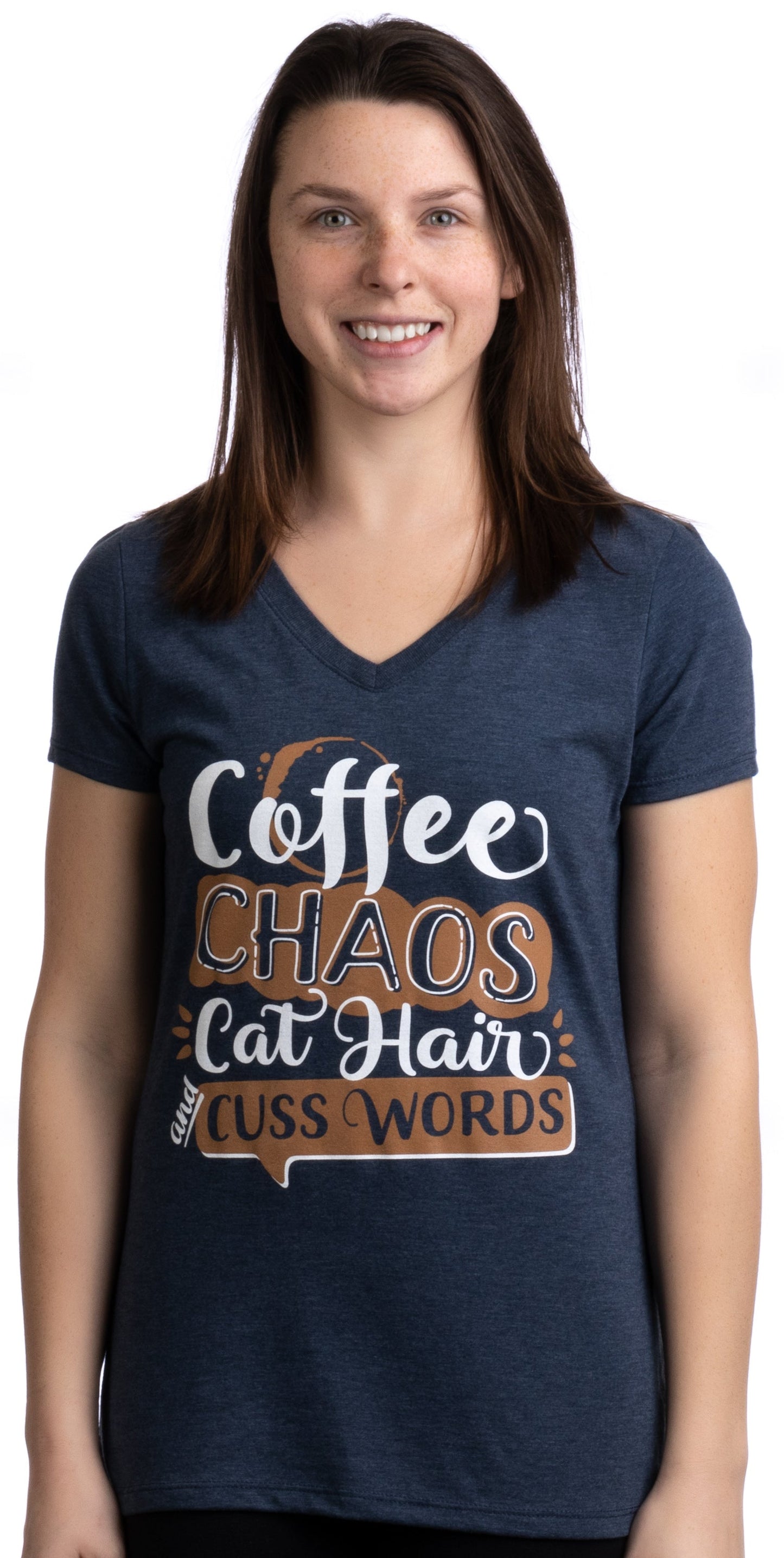 Coffee, Chaos, Cat Hair, Cusswords | Funny Animal Lover V-neck T-shirt for Women