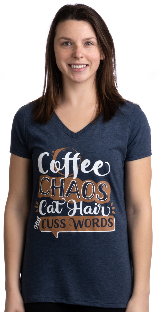 Coffee, Chaos, Cat Hair, Cusswords | Funny Animal Lover V-neck T-shirt for Women