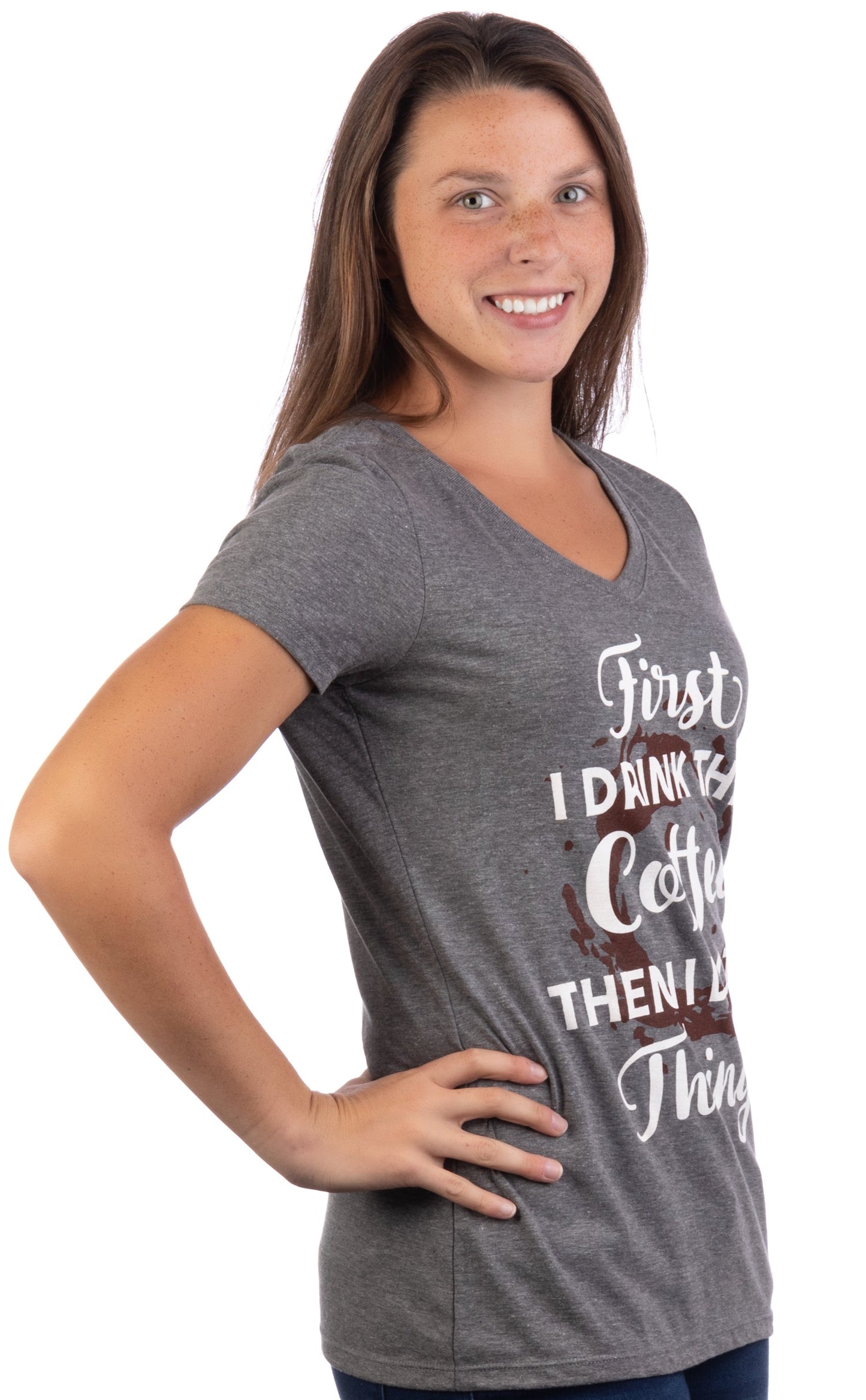 Drink Coffee Do Things | Cute, Cool Retro Positive Affirmation Happy Yoga V-Neck T-Shirt for Women