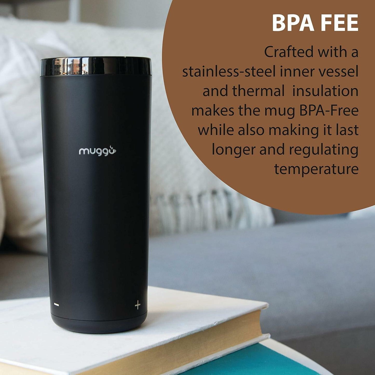 Muggo 12oz Self-Heating Coffee Mug Black Battery Powered Travel Warmer