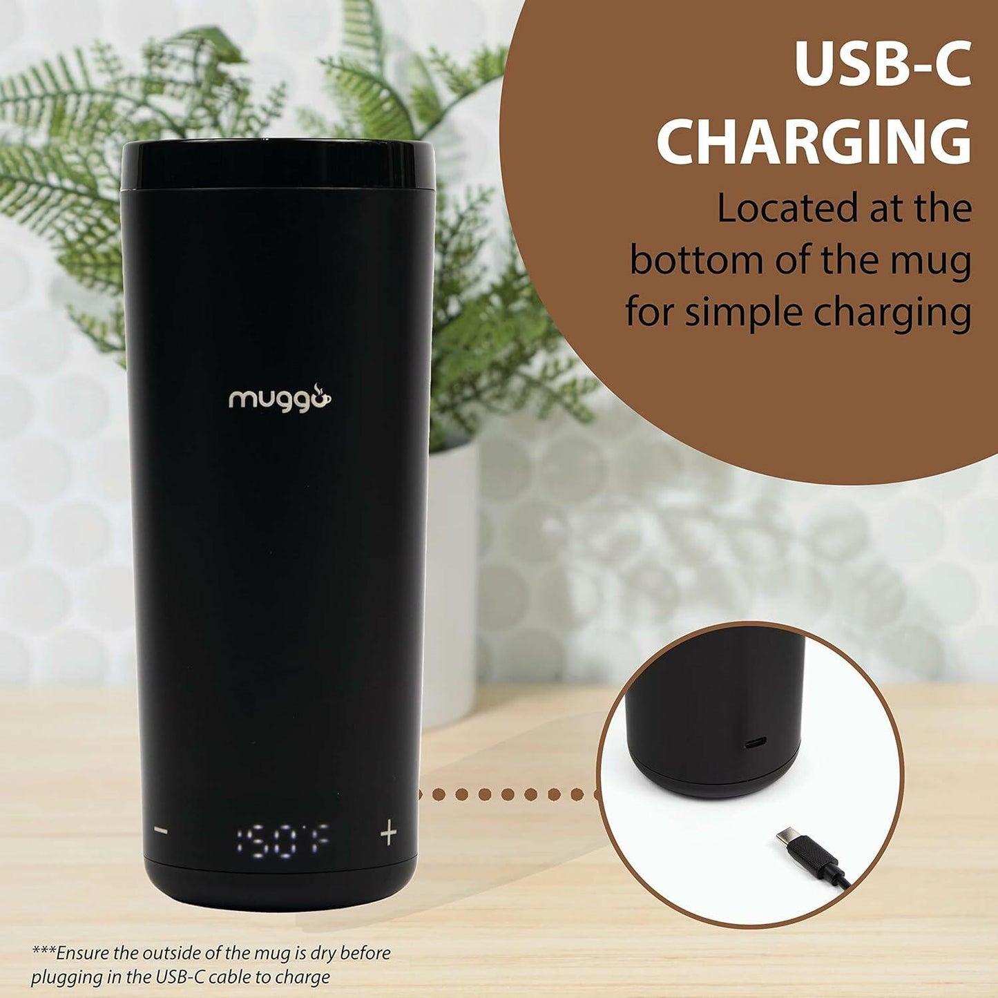 Muggo 12oz Self-Heating Coffee Mug Black Battery Powered Travel Warmer